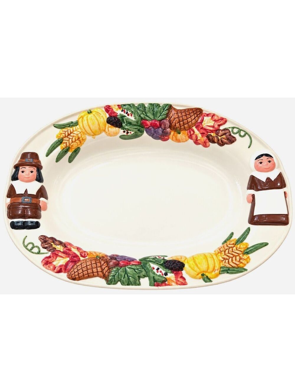 Thanksgiving Pilgrim Serving Platter, Fall Harvest Ceramic Tray, New in Box